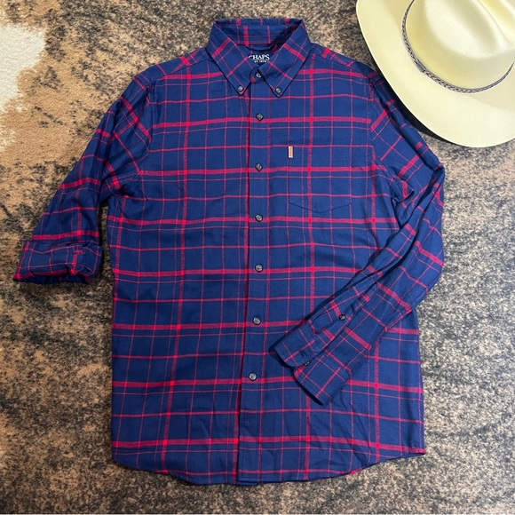 Men’s Chaps Button Down Shirt in Navy Red Plaid - Picture 1 of 5